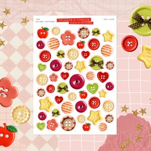 以下が含まれることがあります： 赤、オレンジ、黄色、緑、白のボタンのデザインが施されたステッカーシート。リンゴ、ハート、星、花の形をしたステッカーで、「TRINKETS & TIDBITS SAGIE'S STICKERS」の文字が入っています。