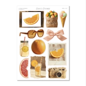 May include: A sheet of stickers featuring summer-themed illustrations. Includes an orange slice in a frame, a bag of oranges, an ice cream cone, sunglasses, a bow, a mason jar with a lemon, a whole orange, a grapefruit slice, a glass of orange juice, and a vintage camera. The text "Citrus Summer Elements" and "Sadie's Stickers" are visible.
