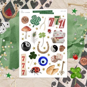 Porte-bonheur • Feuille d'autocollants pour journal indésirable • Bibelots et bouchées • Autocollants pour album • Vision Board • Esthétique rétro • Porte-bonheur