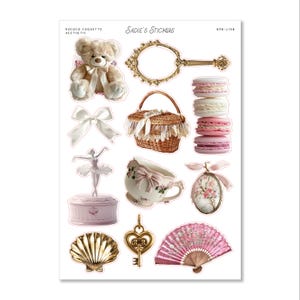 May include: A sheet of stickers featuring Rococo Coquette Aesthetic designs. Includes a teddy bear, mirror, macarons, basket, bow, ballerina, jewelry box, teacup, pendant, seashell, key, and fan. The stickers are in shades of pink, gold, and cream.