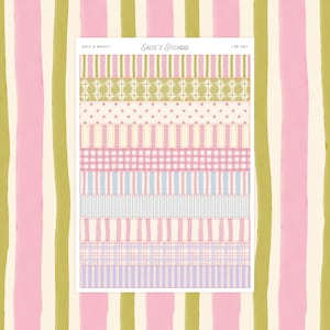 May include: A sheet of stickers with various patterns, including stripes, polka dots, and plaid, in pastel colors like pink, green, and blue. The stickers are labeled "Sadie's Stickers" and "Bold & Bright".