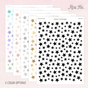 May include: Sheets of star-shaped stickers in five colours: teal, iridescent, rose gold, silver, gold, and black. The stickers are labelled "Reward Stars" and "Sadie's Stickers". The text "Real Foil" and "5 Color Options" are also visible.