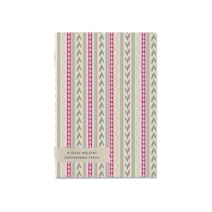 Puede incluir: Un bloc de papel de scrapbooking rectangular con un diseño festivo navideño. La portada presenta rayas verticales en colores rosa, verde y crema. El texto "A Jolly Holiday Scrapbooking Papers" está impreso en una banda color crema.