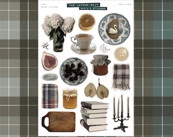 May include: A collage of stickers featuring autumn-themed illustrations. Includes a bouquet of white flowers, a cup of coffee, a plate with a swan design, a fig, a jar of jam, pears, books, and a candlestick holder. The text "THE AUTUMN EDIT" is visible.