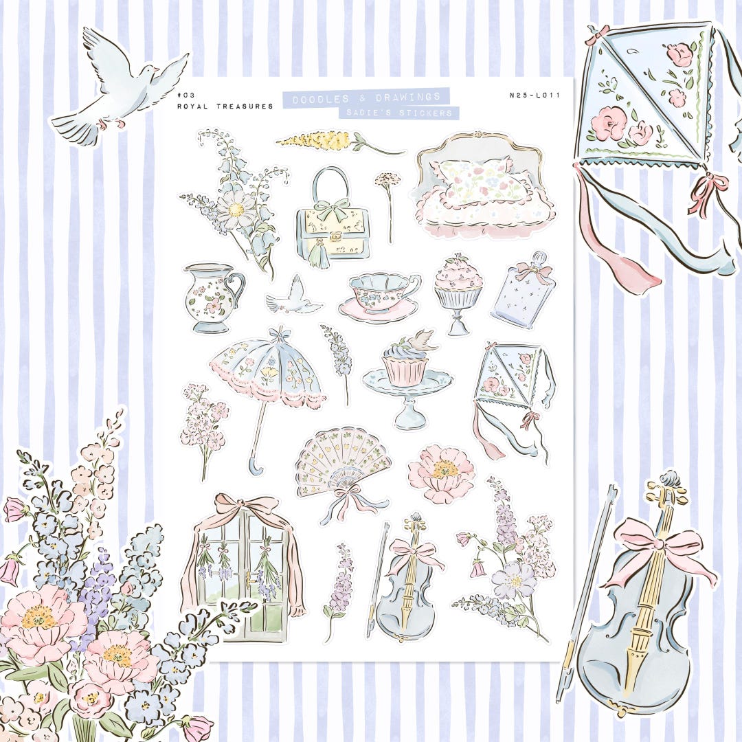 Royal Treasures • Junk Journal Sticker Sheet • Doodles & Drawings • Scrapbook Stickers • Vision Board • Royal Trinkets • Hand Drawn Motifs