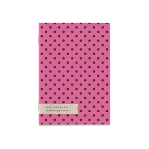 May include: A pink scrapbook paper with a repeating pattern of brown polka dots. The text "PURELY POLKA VOL. 1 SCRAPBOOKING PAPERS" is printed on a light tan label across the bottom of the paper.