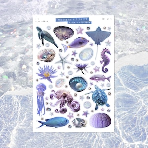 May include: A sheet of stickers featuring various sea creatures and elements. The stickers include a sea turtle, fish, starfish, seahorse, octopus, jellyfish, and shells. The stickers are in shades of blue, purple, and white, with the text "Trinkets & Tidbits" and "Sadie's Stickers".