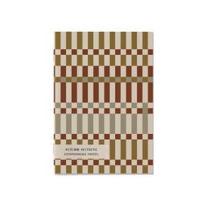 Peut inclure: Un bloc rectangulaire de papier pour scrapbooking avec un motif géométrique répétitif de bandes verticales et de petits carrés dans des tons marron, beige et vert sourd. Une étiquette blanche en bas indique AUTUMN AESTHETIC SCRAPBOOKING PAPERS.