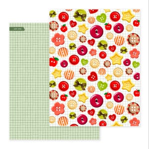 May include: Two sheets of decorative paper. One sheet features a grid pattern in light green. The other sheet has a white background with a repeating pattern of colorful buttons in various shapes, including circles, hearts, and stars. The buttons are red, orange, yellow, and green.