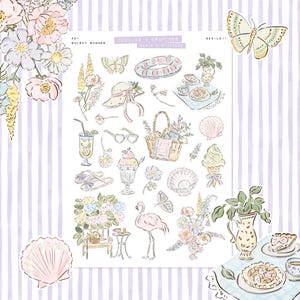 Été original • Feuille d'autocollants pour journal indésirable • Griffonnages et dessins • Autocollants pour albums • Vision Board • Esthétique estivale • Délicat dessiné à la main
