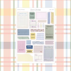 May include: A sheet of decorative stickers featuring various designs, including tickets, library cards, and labels. The stickers have pastel colors and include text such as "Sadie's Stickers," "Ticket," and "Thank you!"