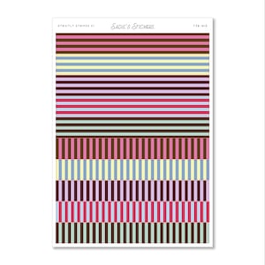 May include: A sticker sheet titled Strictly Stripes VI by Sadie's Stickers, model YZ6-815. The sheet features multiple rows of horizontal stripes in brown, pink, blue, yellow, and red, followed by rows of vertical stripes in similar color palettes.