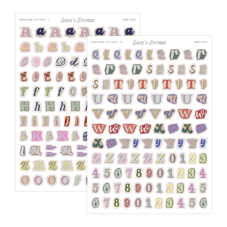 May include: Two sticker sheets featuring magazine-style letters and numbers. The stickers have a torn paper aesthetic with various colors and patterns. The text "Sadie's Stickers" and "Magazine Letters" is printed on the sheets.