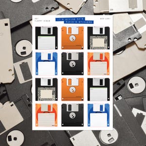 May include: A sheet of stickers featuring colorful floppy disk designs in various colors, including orange, blue, and black. The stickers are arranged in a grid pattern, with the text "IT'S GIVING 90'S SADIE'S STICKERS" at the top.