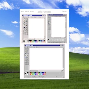 May include: White sticker sheet featuring three retro computer Paint window frames. The text "PAINT WINDOW FRAMES" and "SADIE'S STICKERS" are visible. The frames have a gray border, a white background, and a color palette at the bottom.