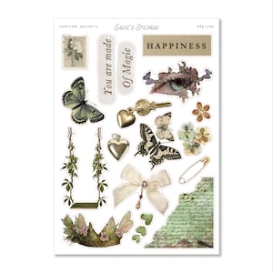 May include: A sticker sheet featuring various illustrations including butterflies, a swing with vines, a key with a heart charm, a bow, a crown, a safety pin, a human eye, and text reading "You are made Of Magic", "HAPPINESS", and "SADIE'S STICKERS".