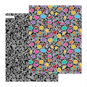 May include: Two sheets of decorative paper. One sheet has a black and white speckled pattern. The other sheet has a black background with colorful cartoon graphics, including hearts, smiley faces, cherries, and butterflies. The text "C25-817" is visible.