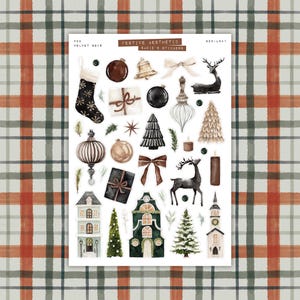 May include: A sticker sheet with a festive aesthetic design. The stickers depict Christmas ornaments, deer, houses, trees, and bows in brown, black, white, and green. The text "FESTIVE AESTHETIC" and "BADIE'S STICKERS" is visible.