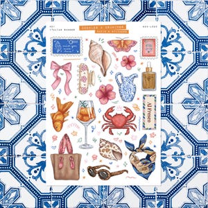 Été italien • Feuille d'autocollants pour journal indésirable • Griffonnages et dessins • Autocollants pour albums • Vision Board • Esthétique estivale • Voyage en Italie