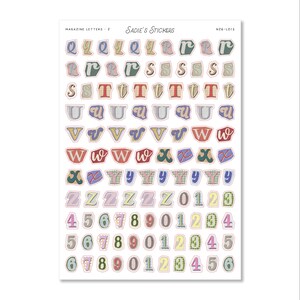 May include: A sheet of magazine letter stickers featuring various letters and numbers in a collage style. The stickers include letters from Q to Z, and numbers from 0 to 6, in a variety of colors and patterns. The brand name "Sadie's Stickers" is at the top.
