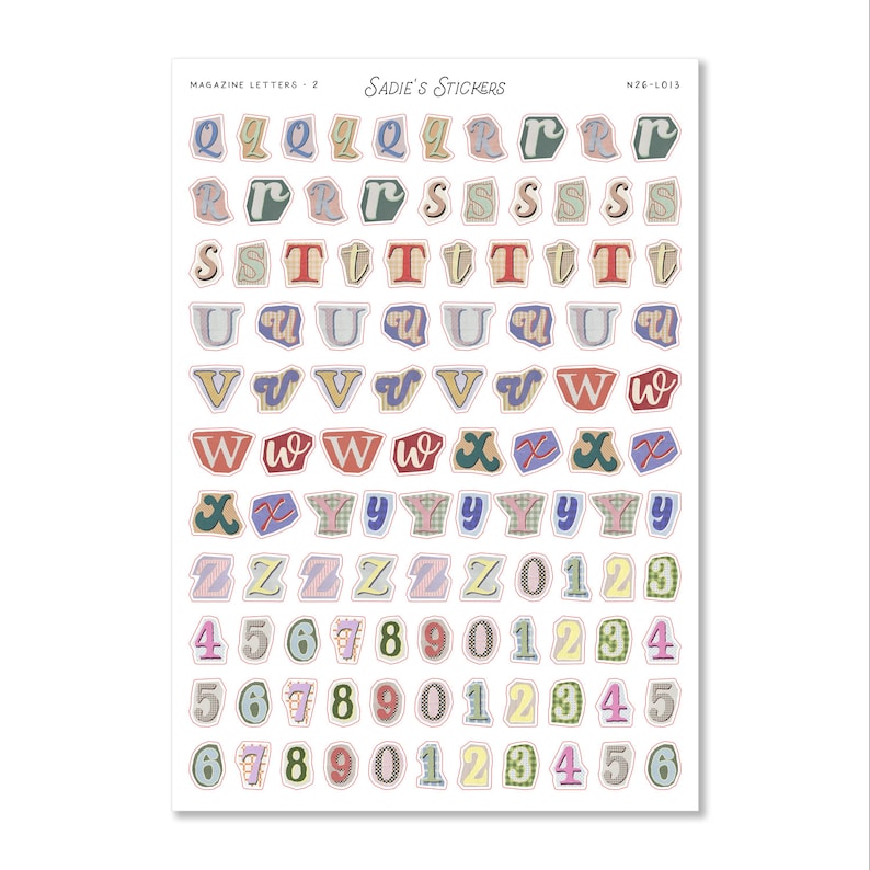 May include: A sheet of magazine letter stickers featuring various letters and numbers in a collage style. The stickers include letters from Q to Z, and numbers from 0 to 6, in a variety of colors and patterns. The brand name "Sadie's Stickers" is at the top.
