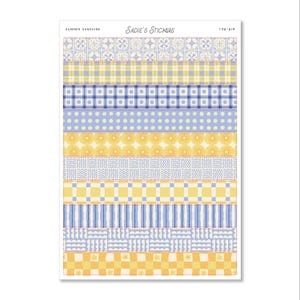 May include: A sheet of Sadie's Stickers labeled Summer Sunshine T26-B14 featuring ten horizontal strips with various patterns including blue floral tiles, yellow plaid, blue grid, polka dots, yellow suns, wavy lines, yellow blocks, blue stripes, and flowers.