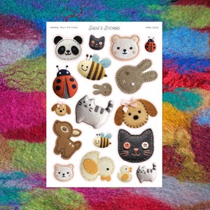 May include: A sheet of felt animal patches with various designs, including a panda, cat, bear, ladybug, bee, bunny, dog, deer, duck, and kitten. The patches are in various colors, such as black, white, brown, orange, and yellow. The text "Sadie's Stickers" is at the top.