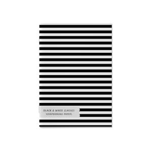 Könnte beinhalten: Ein rechteckiger Scrapbook-Papierblock mit einem schwarz-weißen Streifenmuster. Der Text "BLACK & WHITE CLASSICS SCRAPBOOKING PAPERS" ist auf einem weißen Etikett unten aufgedruckt.