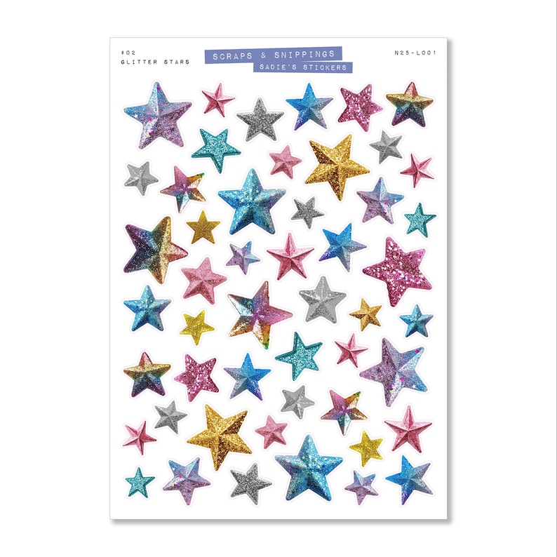 May include: A sheet of glitter star stickers in various sizes and colors, including gold, pink, blue, silver, and iridescent. The sheet has the text "#02 Glitter Stars" and "Scraps & Snippings Sadie's Stickers".