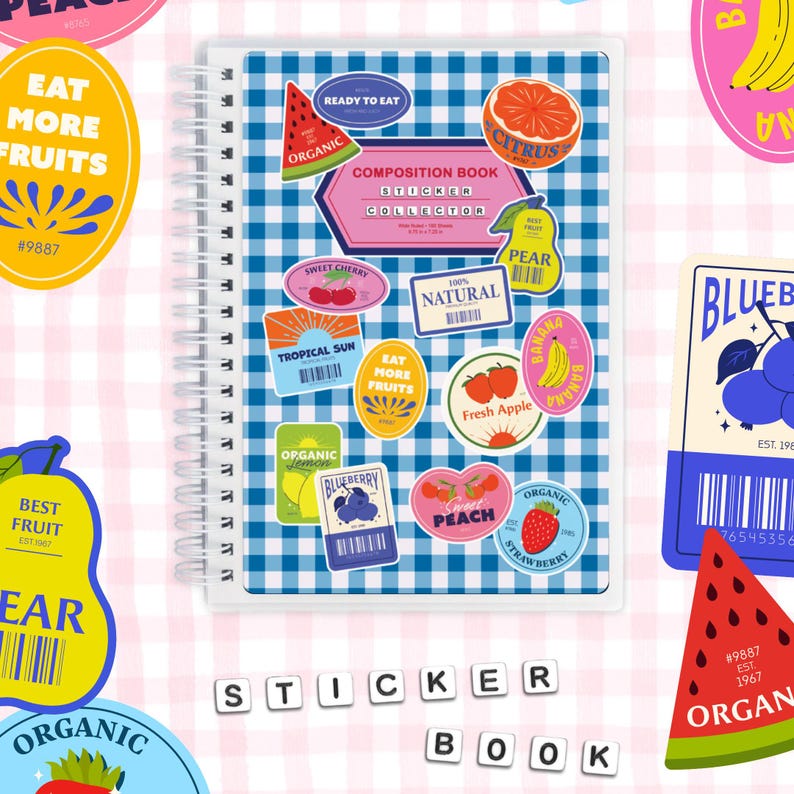Klistermärkesbok • Etiketter med färsk frukt • Återanvändbart album med klistermärken • Förvaringsbok i storlekarna 5x7 eller 4x6 • För skräpjournal, planerare, Bujo och mer! bild 1