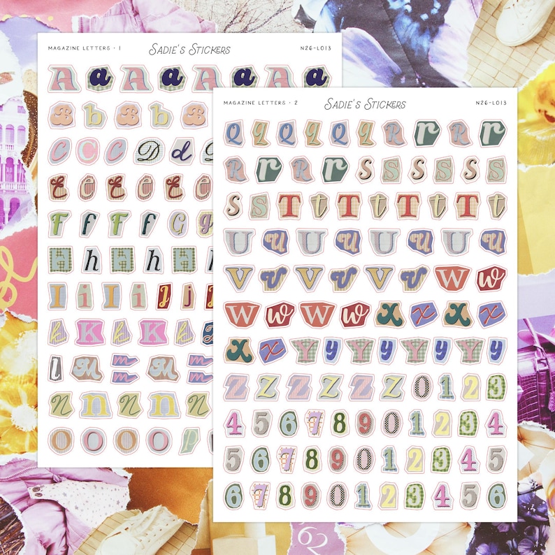 May include: Two sticker sheets featuring magazine-style letters and numbers in various colors. The stickers include uppercase and lowercase letters, along with numbers 0-9. The text "Sadie's Stickers" is printed on the sheets.