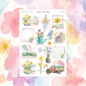 Könnte beinhalten: Ein Bogen mit Aufklebern zum Thema Frühling. Die Aufkleber zeigen Illustrationen von Hasen, Narzissen, Gießkannen und einem Oldtimer-LKW, der Ostereier transportiert. Der Text "Spring Compositions" und "Sadie's Stickers" sind sichtbar.