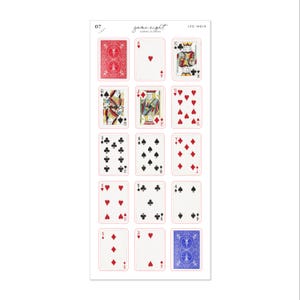 May include: A sticker sheet featuring various playing cards, including the Ace of Hearts, King of Clubs, and Queen of Spades. The sheet includes the text "game night" and "cards". The cards are in red, black, and blue.