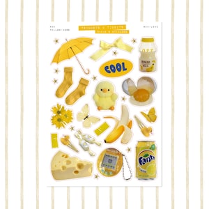 May include: A sheet of yellow-themed stickers featuring various illustrations. Includes a yellow umbrella, socks, a bow, a plush chick, a banana, a cheese wedge, a soda can, and a digital pet toy. The word "COOL" is also present.