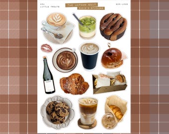 Puede incluir: Una hoja de pegatinas con ilustraciones de alimentos y bebidas, incluyendo café, pasteles y un sándwich. También se muestra una botella de vino. El texto "THE AUTUMN EDIT RADIE'S STICKERS" es visible. El fondo es un patrón de cuadros marrones.