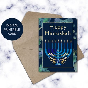 Bonne carte de Hanoukka. Menorah en or bleu. Téléchargement instantané.