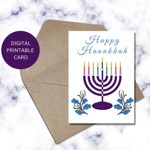 Bonne carte de vœux de Hanoukka. Téléchargement instantané. Menorah violette avec bougies colorées