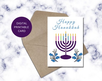 Happy Hanukkah greeting card. Instant download. Purple Menorah with colorful candles