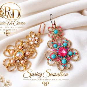 May include: Two ornate tatting lace earrings featuring intricate gold thread loops. The left earring displays peach-coloured beads and a central iridescent crystal. The right earring showcases turquoise beads and a vibrant pink central crystal.