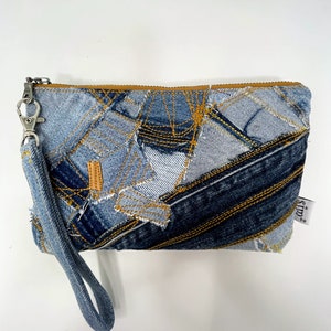 Old blue jeans denim bolso de mano-con ranuras para tarjetas-correa desmontable-cartera para teléfono esencial-cartera boho informal con cremallera-bolso boutique