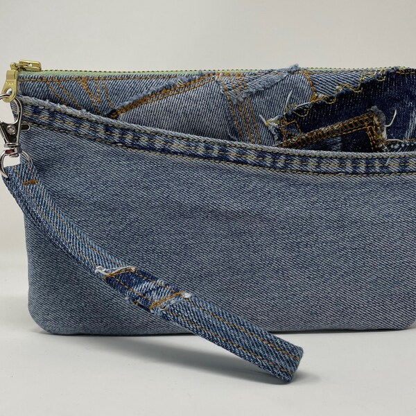 Repurposed denim wristlet bag-with card slots-casual denim boutique hand bag-outside slip pocket-fully lined boho purse using old jeans