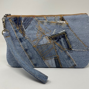 Old blue jeans denim bolso de mano-con ranuras para tarjetas-correa desmontable-cartera para teléfono esencial-cartera boho informal con cremallera-bolso boutique