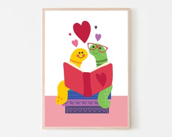 Bookworm Lovers - Love Bugs - Book Nook Decor -  Reading Corner Art - Bookish Printable - Digital Download