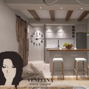 Può includere: Una cucina moderna con armadietti bianchi, un piano di lavoro in legno e due sgabelli da bar bianchi. La cucina presenta un grande orologio a muro, una porta scorrevole in legno e una ciotola di frutta sul bancone.