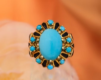 14K Yellow Gold Turquoise and Enamel Ring