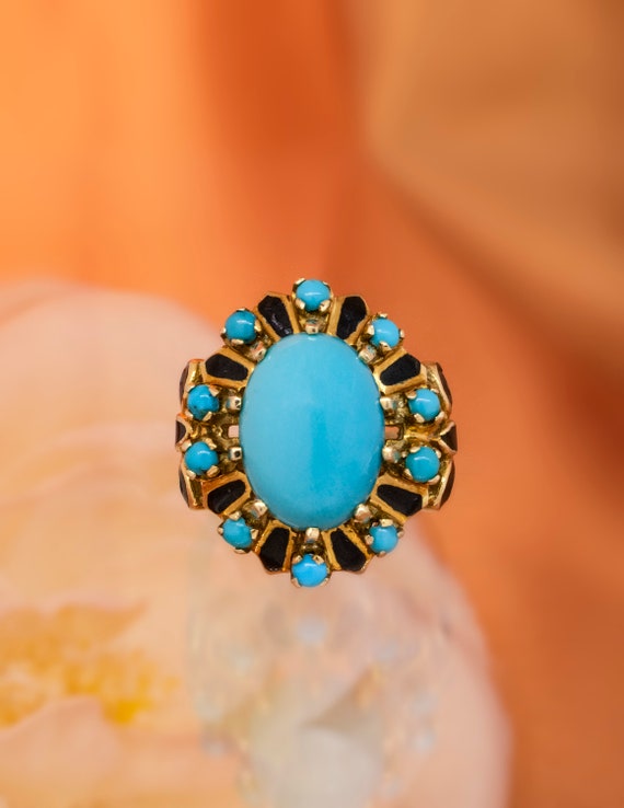 14K Yellow Gold Turquoise and Enamel Ring