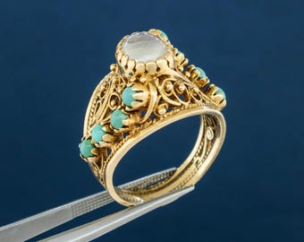 Vintage 14K Gelbgold Blau Mondstein und Türkis Ring