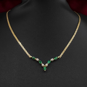 10K Yellow Gold Emerald and Diamond V Necklace