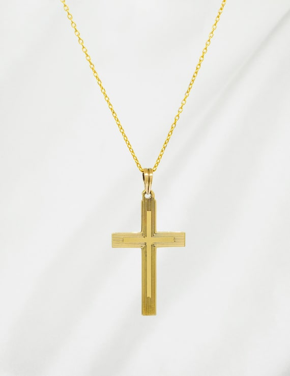 14K Yellow Gold Engraved Cross Necklace