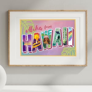 Arte de cartão postal da Ilha Havaí, decoração de parede tropical do Havaí, download digital, impressões artísticas de Saudações do Havaí, arte de cartão-postal da Ilha Grande